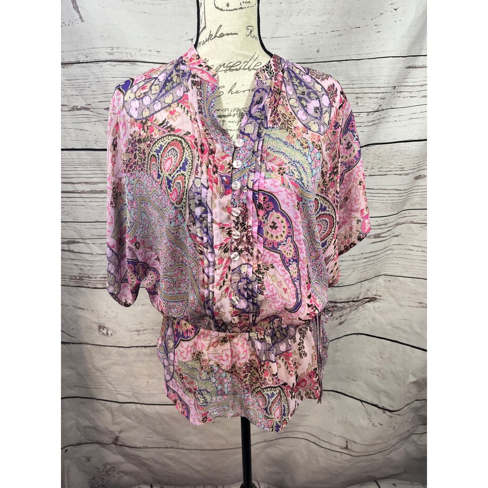 APT 9 Womens Paisley Print Elastic‎ Waist Kimono Sleeve Blouse Top Shirt M